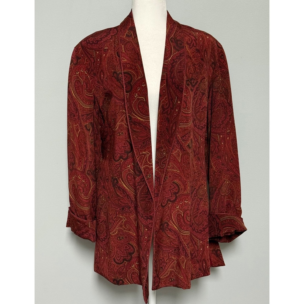 Vtg 80's Krizia Italy 100% Silk Paisley Open Front Blazer Burgundy Gold Size 8